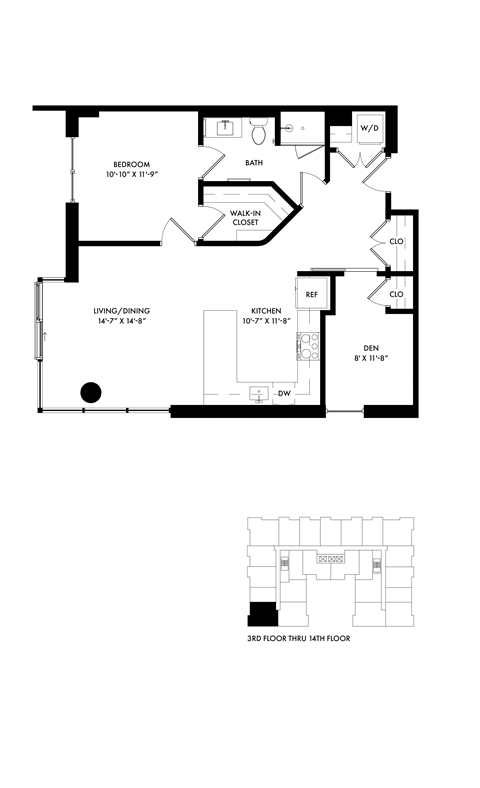 Floor plan for 1 bed, 1 bath, 892 sqft