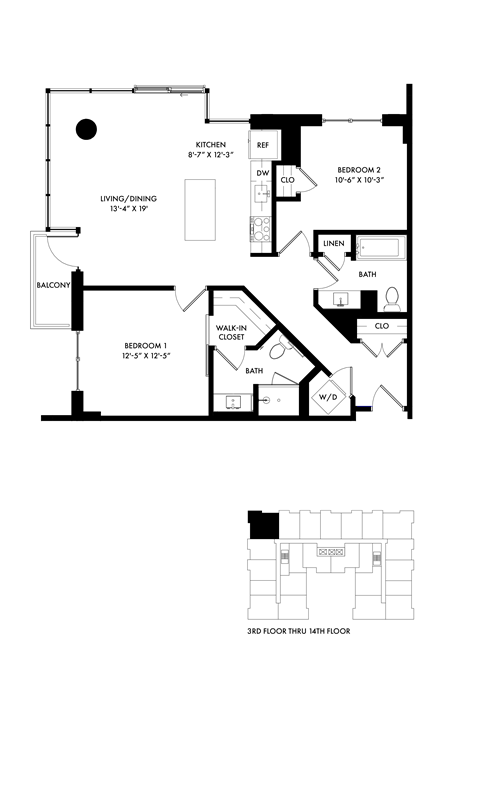 Floor plan for 2 beds, 2 baths, 1059 sqft