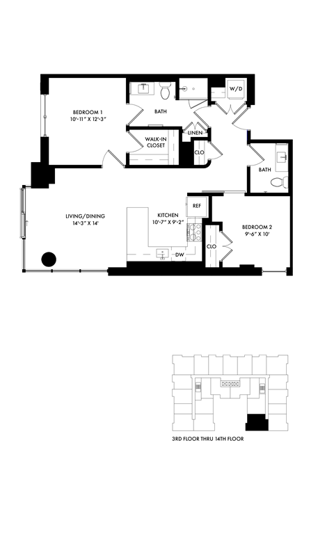 Floor plan for 2 beds, 2 baths, 970 sqft