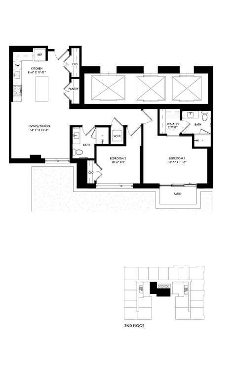 Floor plan for 2 beds, 2 baths, 1120 sqft