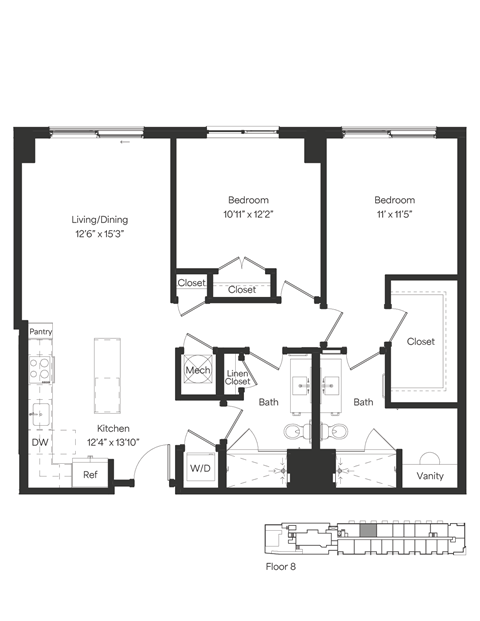 Floor plan for 2 beds, 2 baths, 1123 sqft