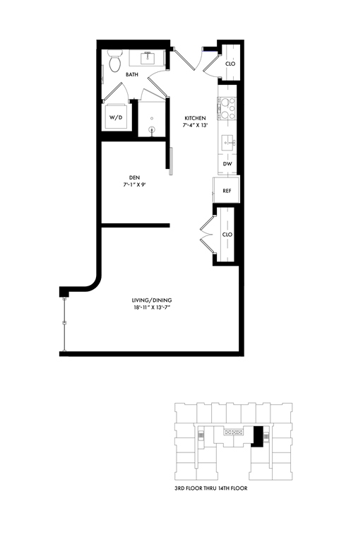 Floor plan for studio, 1 bath, 579 sqft