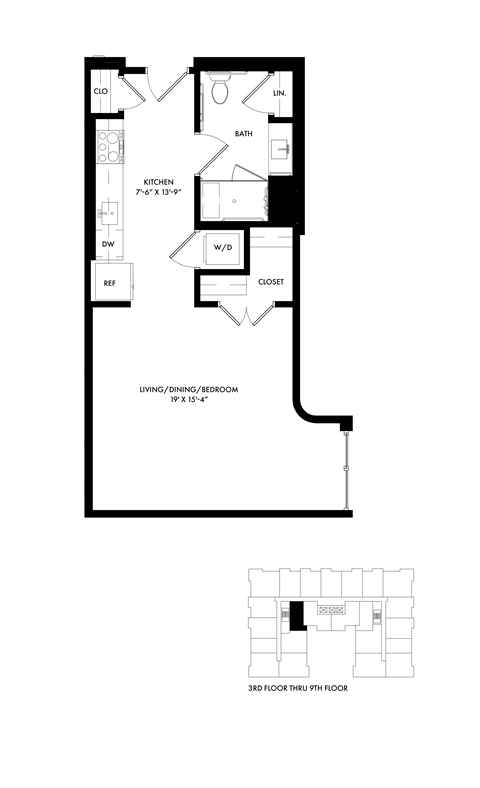 Floor plan for studio, 1 bath, 582 sqft