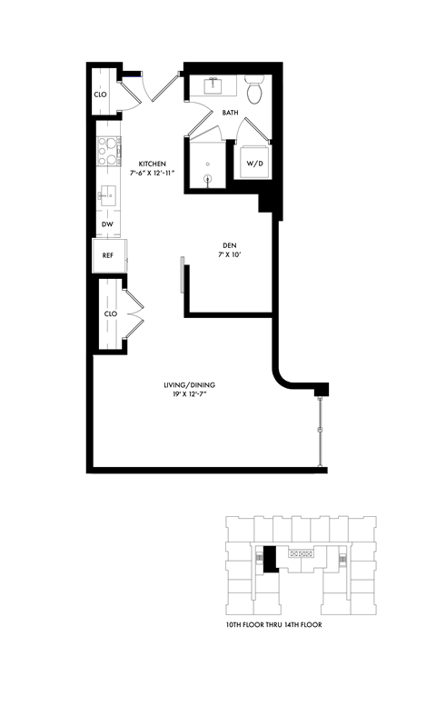 Floor plan for studio, 1 bath, 582 sqft