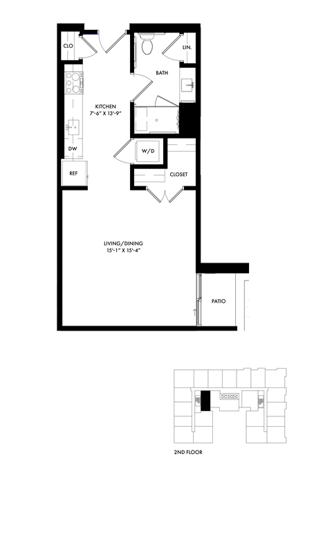 Floor plan for studio, 1 bath, 557 sqft