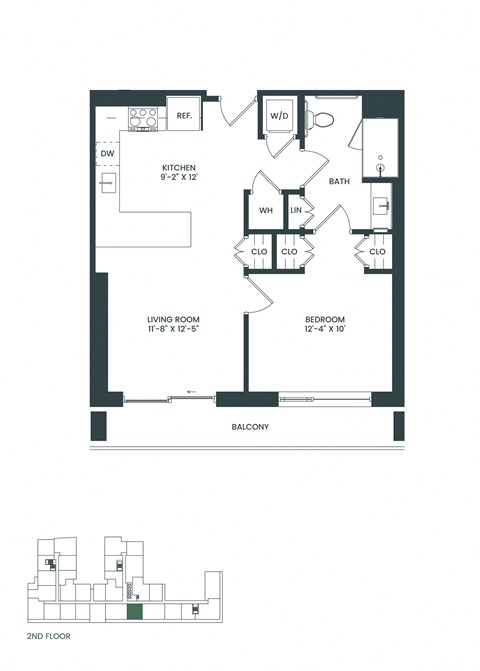 Floor plan for 1 bed, 1 bath, 717 sqft