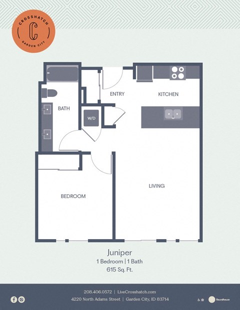 Floor plan for 1 bed, 1 bath, 615 sqft
