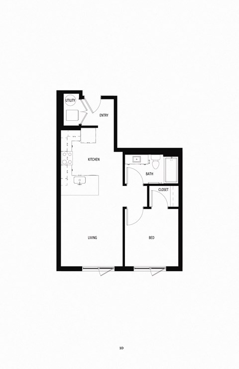 Floor plan for 1 bed, 1 bath, 593 sqft