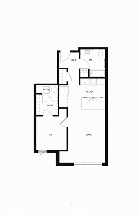 Floor plan for 1 bed, 1 bath, 707 sqft