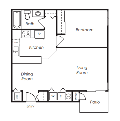 Floor plan for 1 bed, 1 bath, 707 sqft