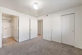 Caldwell apartment for rent - A white bedroom with a grey carpet and four doors.