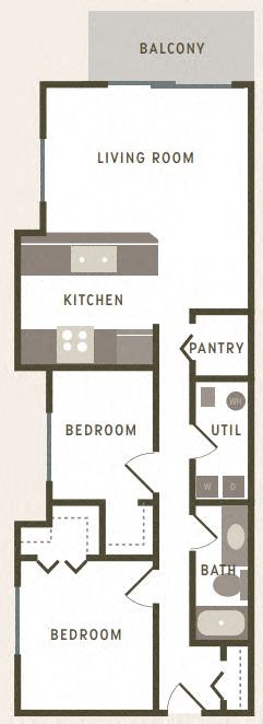 Floor plan for 2 beds, 1 bath, 961 sqft