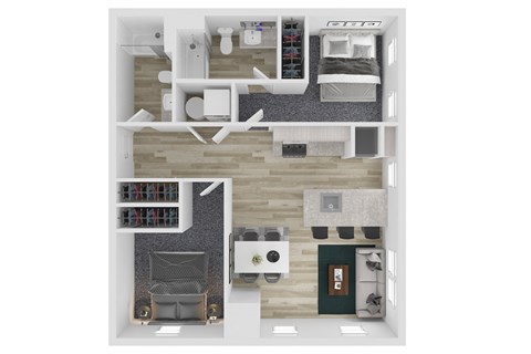 Floor plan for 2 beds, 2 baths, 987 sqft
