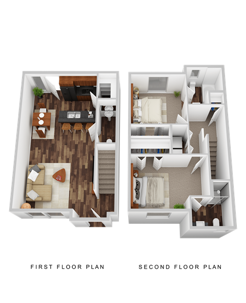 Floor plan for 2 beds, 2.5 baths, 1037 sqft