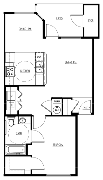Floor plan for 1 bed, 1 bath, 746 sqft