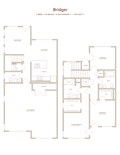 Floor plan for 3 beds, 2.5 baths, 1579 sqft