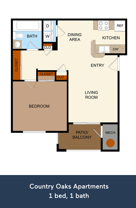 Floor plan for 1 bed, 1 bath, 602 sqft