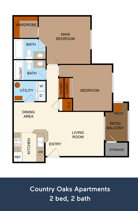 Floor plan for 2 beds, 2 baths, 816 sqft