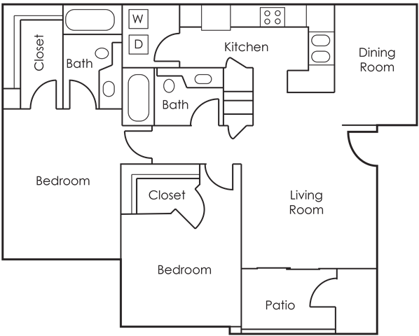 Floor plan for 2 beds, 2 baths, 1010 sqft