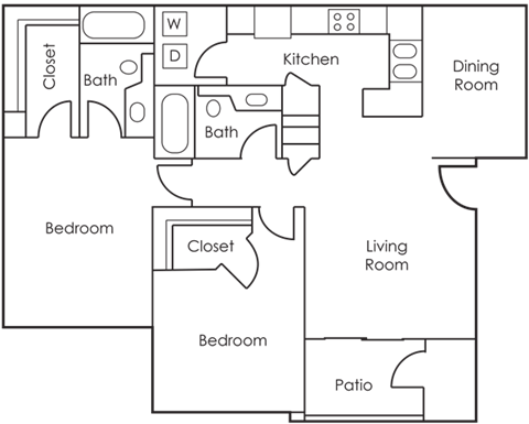 Floor plan for 2 beds, 2 baths, 1010 sqft