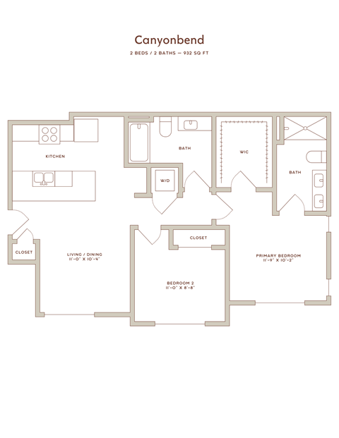 Floor plan for 2 beds, 2 baths, 932 sqft