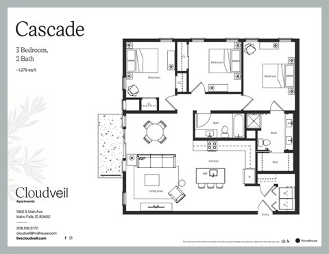 Floor plan for 3 beds, 2 baths, 1279 sqft