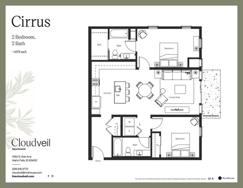 Floor plan for 2 beds, 2 baths, 1075 sqft