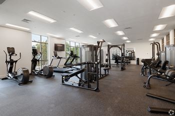 A spacious gym with a variety of equipment.