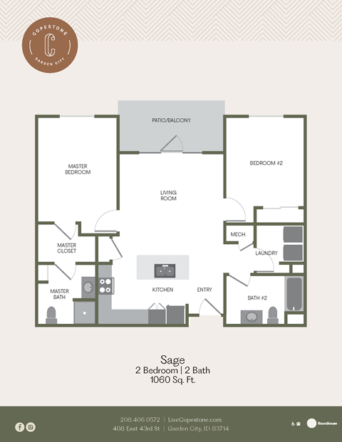Floor plan for 2 beds, 2 baths, 1060 sqft