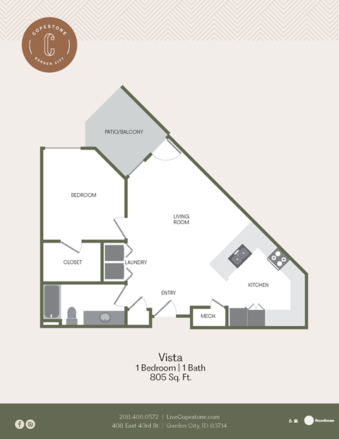 Floor plan for 1 bed, 1 bath, 805 sqft