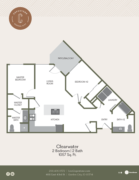 Floor plan for 2 beds, 2 baths, 1057 sqft