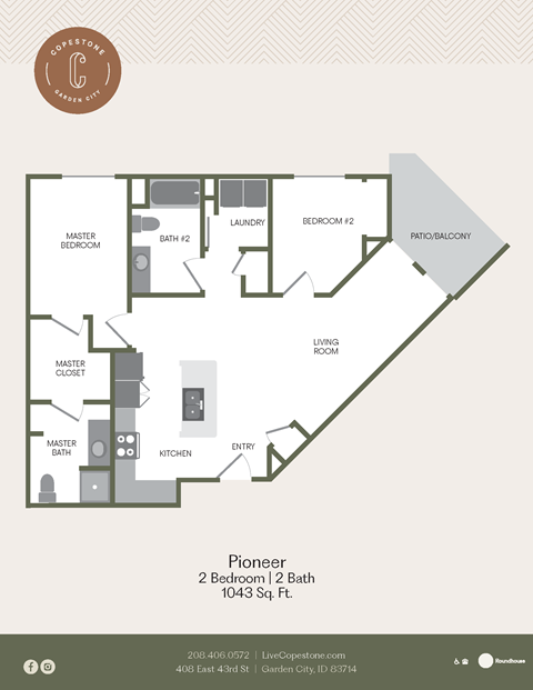 Floor plan for 2 beds, 2 baths, 1043 sqft