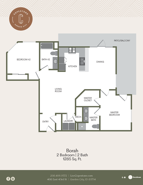 Floor plan for 2 beds, 2 baths, 1285 sqft