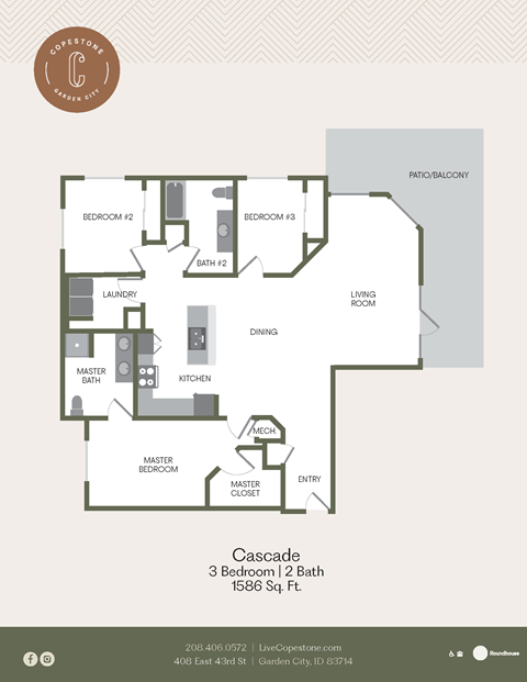 Floor plan for 3 beds, 2 baths, 1586 sqft
