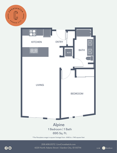 Floor plan for 1 bed, 1 bath, 648 sqft
