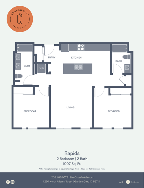 Floor plan for 2 beds, 2 baths, 1085 sqft