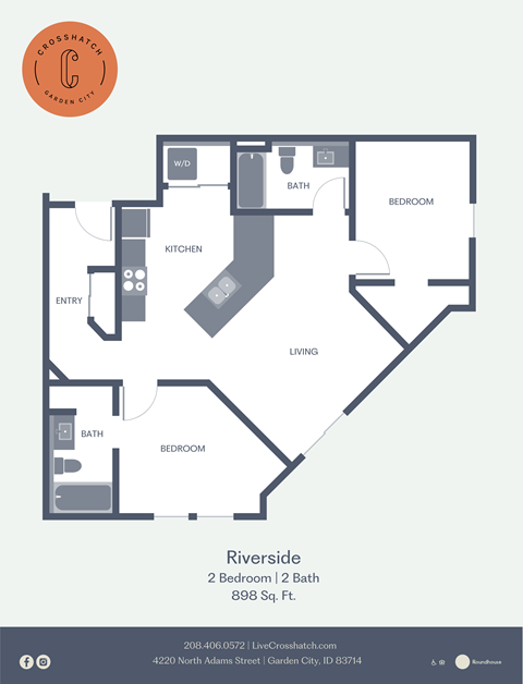 Floor plan for 2 beds, 2 baths, 898 sqft