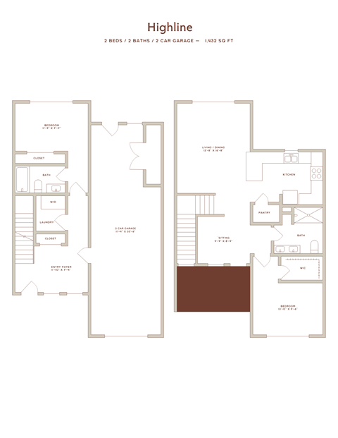 Floor plan for 2 beds, 2 baths, 1432 sqft