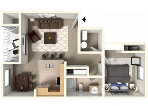 Floor plan for 1 bed, 1 bath, 649 sqft
