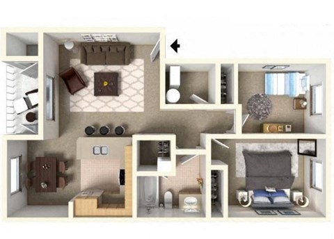 Floor plan for 2 beds, 1 bath, 885 sqft
