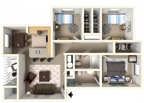 Floor plan for 3 beds, 2 baths, 1080 sqft