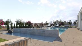 Meridian apartment for rent - a rendering of the pool and patio area at the residences at omni louisville apartments
