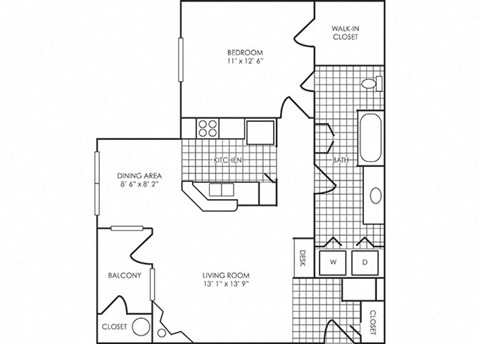Floor plan for 1 bed, 1 bath, 834 sqft