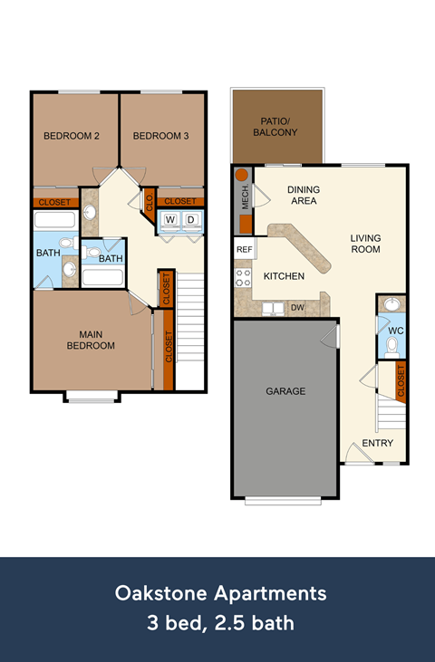 Floor plan for 3 beds, 2.5 baths, 1070 sqft