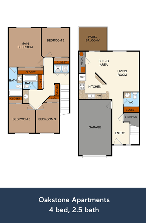 Floor plan for 4 beds, 2.5 baths, 1264 sqft