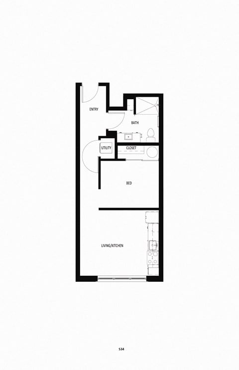 Floor plan for 1 bed, 1 bath, 527 sqft