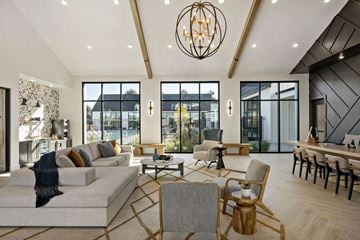 Meridian apartment for rent - A modern living room with a grey sofa and wooden chairs.