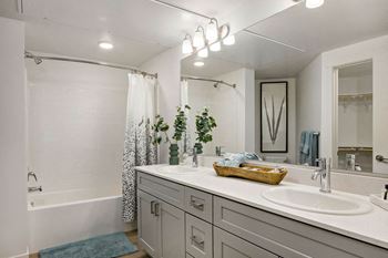 A bathroom with a sink and a shower and a mirror