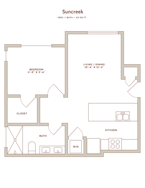 Floor plan for 1 bed, 1 bath, 613 sqft