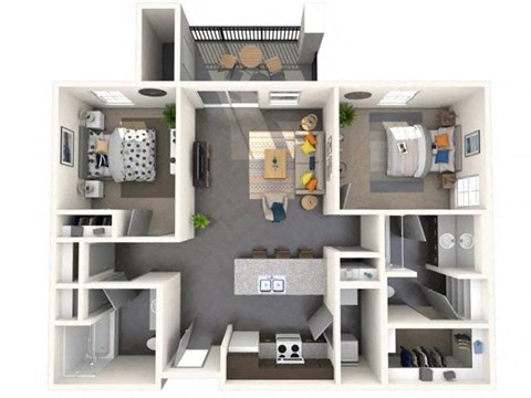 Floor plan for 2 beds, 2 baths, 981 sqft